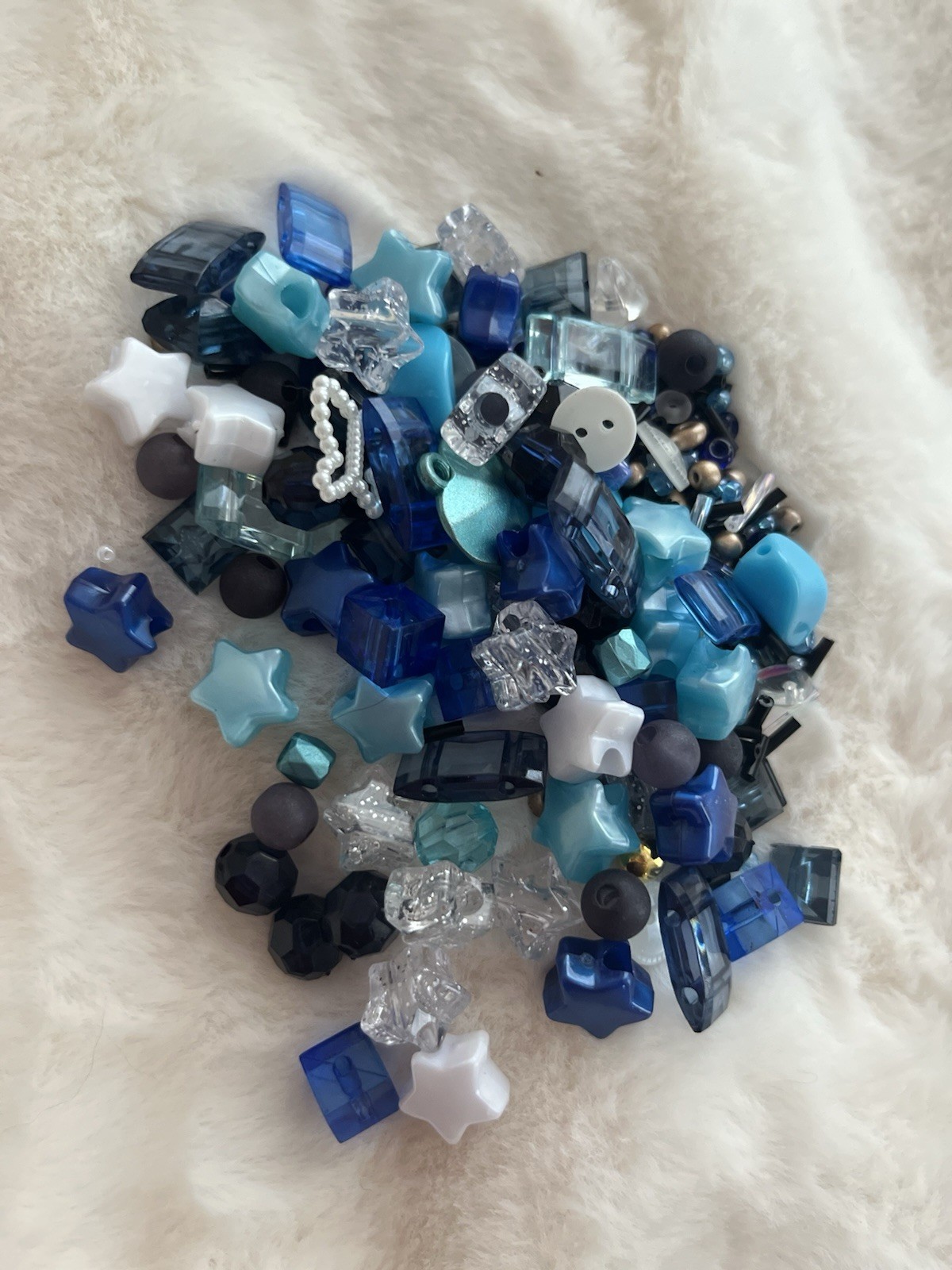 Mixed Shape Loose Plastic Bead Lot Blue Black White Stars Hearts Cubes & More