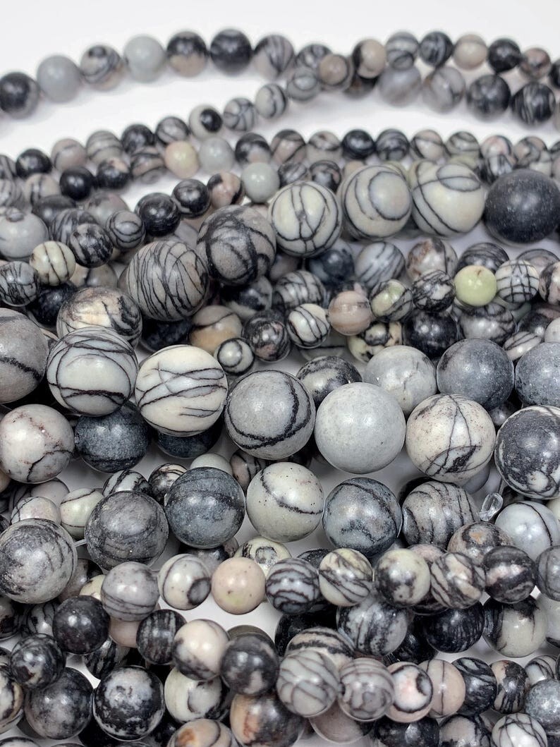 Natural Black Spider Web Stripes Jasper Smooth Round Beads 15.5″ Strand Gemstone
