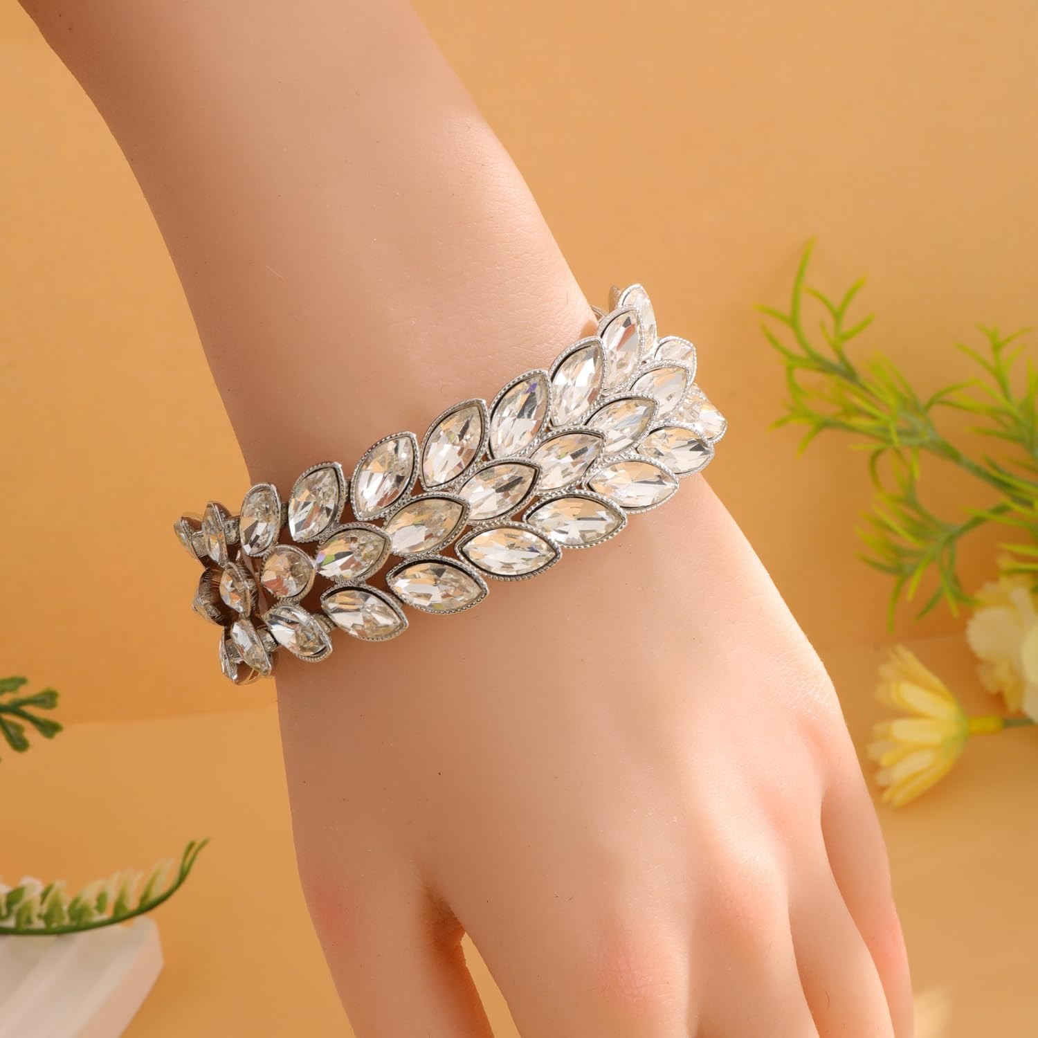 Women Shinny Wide 3 Lines Leaf Stretch Elastic Bangle Bracelets for Party Weddin
