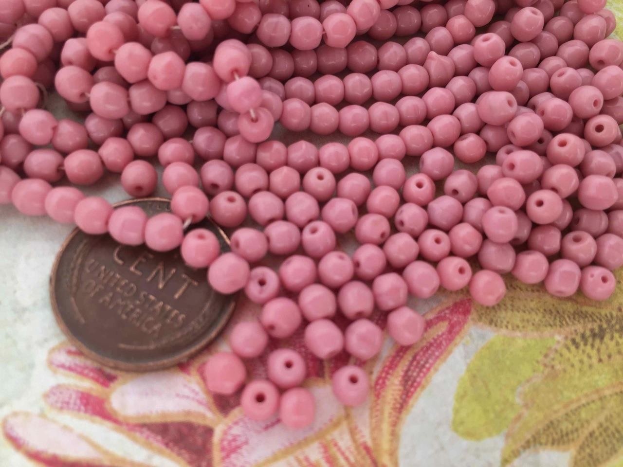 Vintage Czech 4mm Opaque Rose Pink Glass Beads 100
