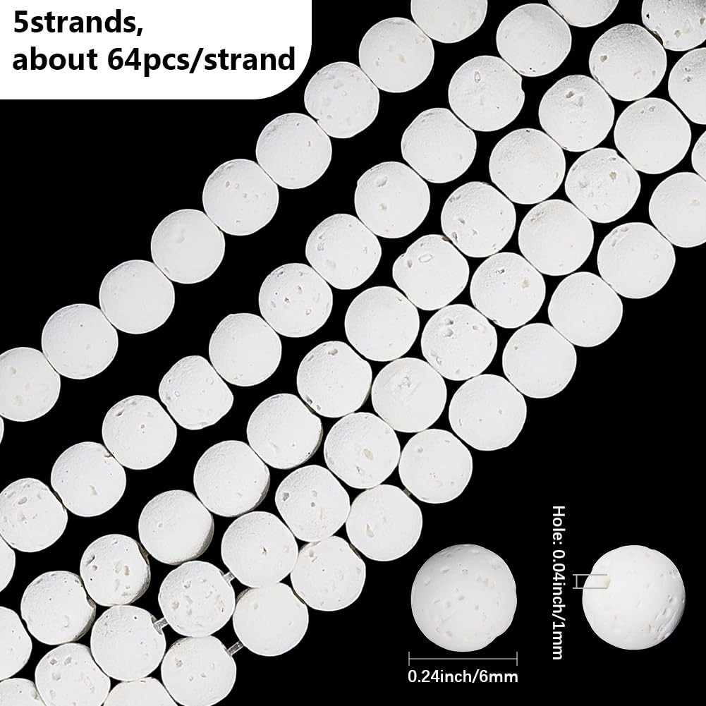 PONABEADIY 5 Strands 320PCS 6MM Lava Beads White Oil Diffuser Round Natural S…