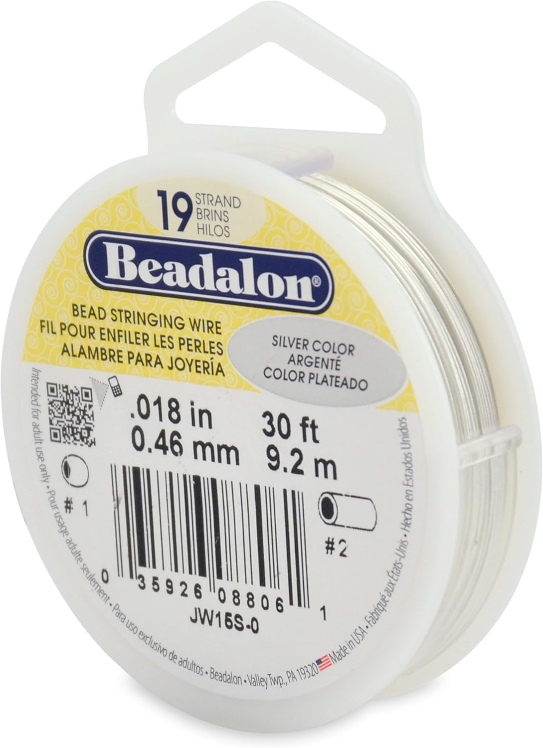 Beadalon 19-Strand 0.018″ (0.46 mm) 30 ft (9.1 m) Silver Color Bead Stringing Wi