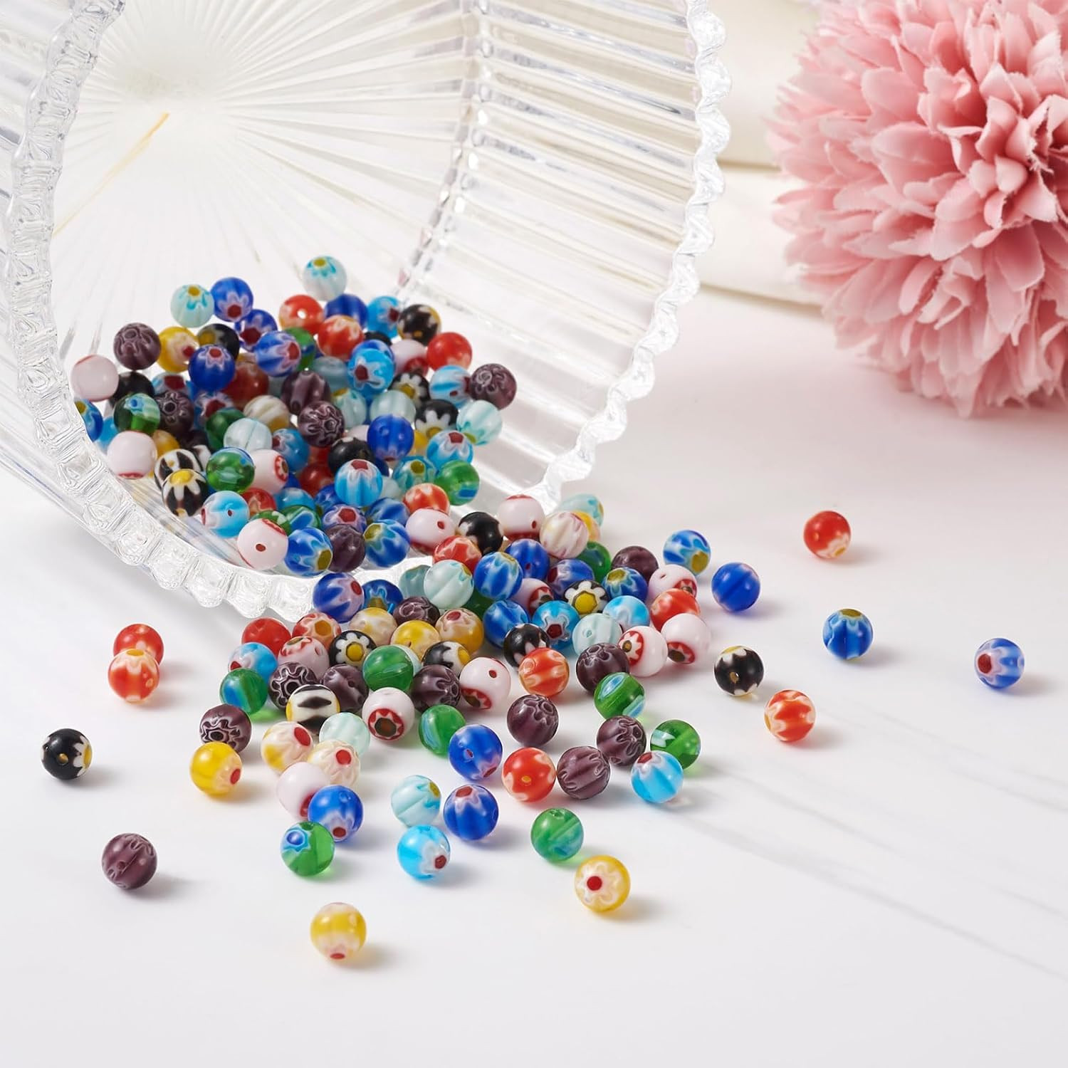 325Pcs 6Mm Tiny Millefiori Glass round Ball Beads Mixed Colors Mosaic Glass Spac
