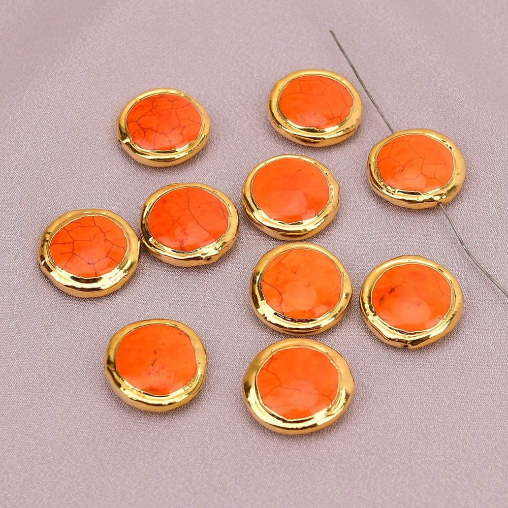 10 Pcs Orange Turquoise Coin Shape Spacer Beads Gold Plated Bezel Set Connector