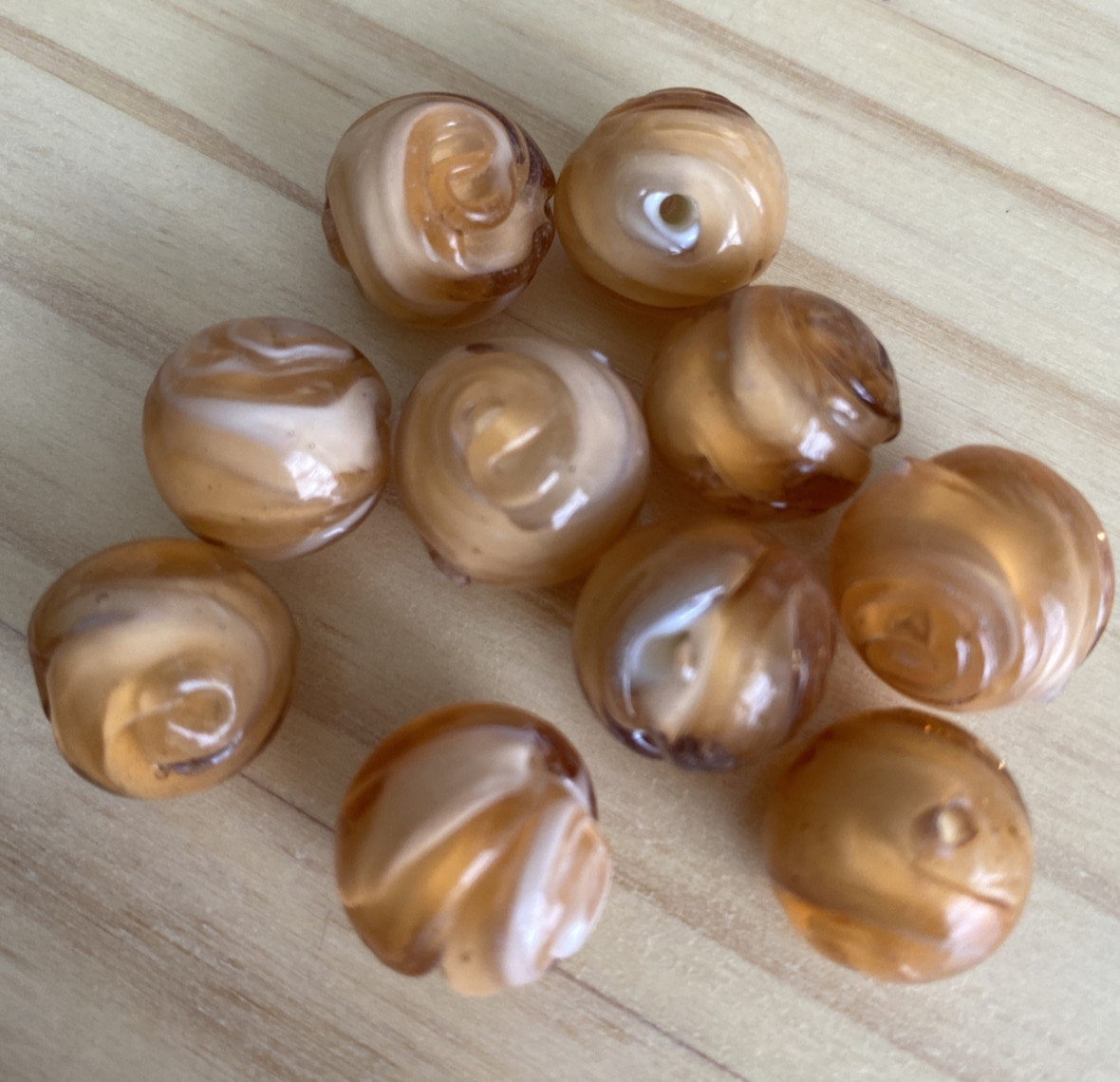 10 PEACH ORANGE SWIRL ROUND LAMPWORK Bumpy GLASS BEADS Approx 15mm,