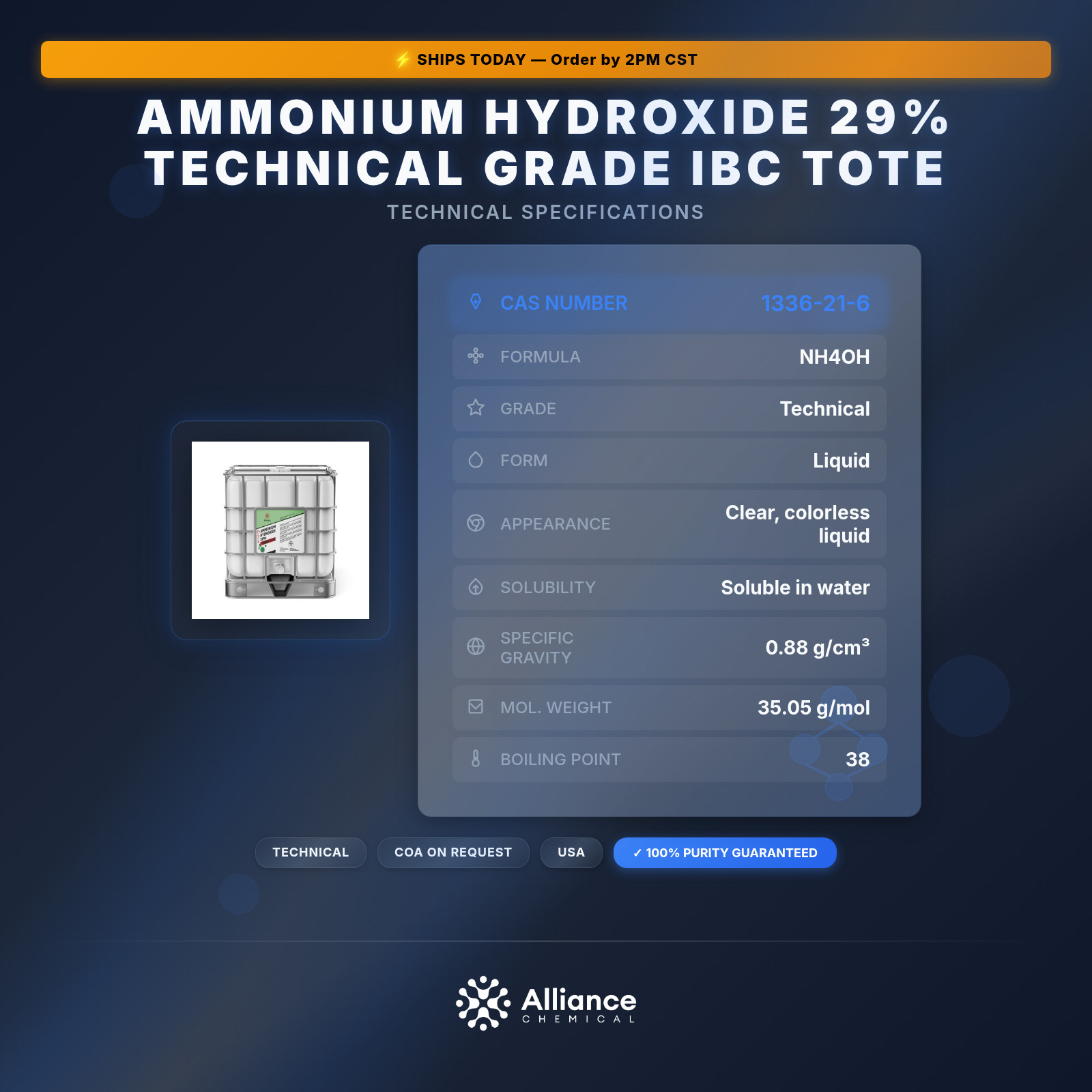 Ammonium Hydroxide 29% Technical Grade – 330 Gallon IBC Tote