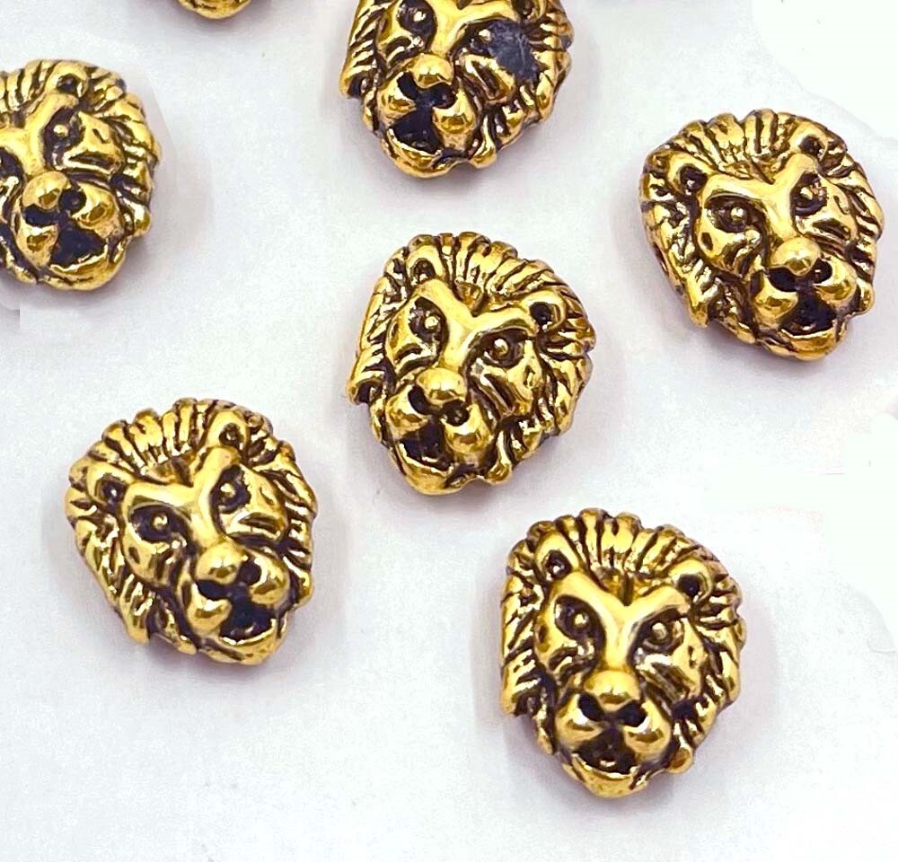 10 Lion Head Face Bead Antique Gold Pewter Animal Spacer 12x11mm
