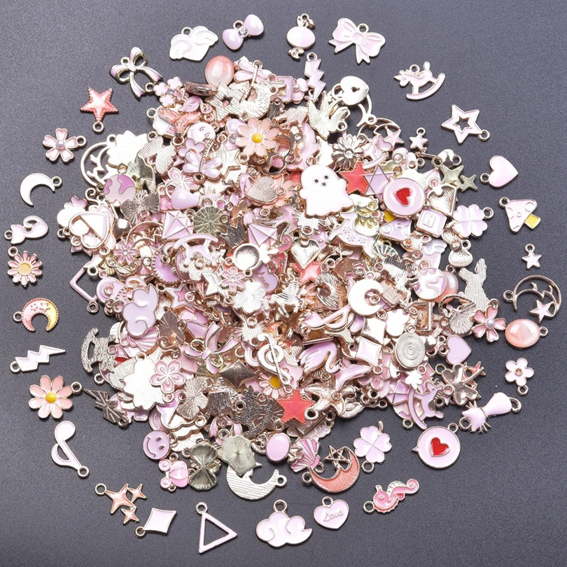 50Pcs Mixed Pink Drip Oil Charms Animal Heart Flower Pendants DIY Craft