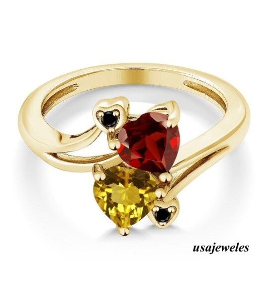 14K Yellow Gold Over 2CT Heart Shape Real Citrine & Ruby Two-Stone Jewelry Ring
