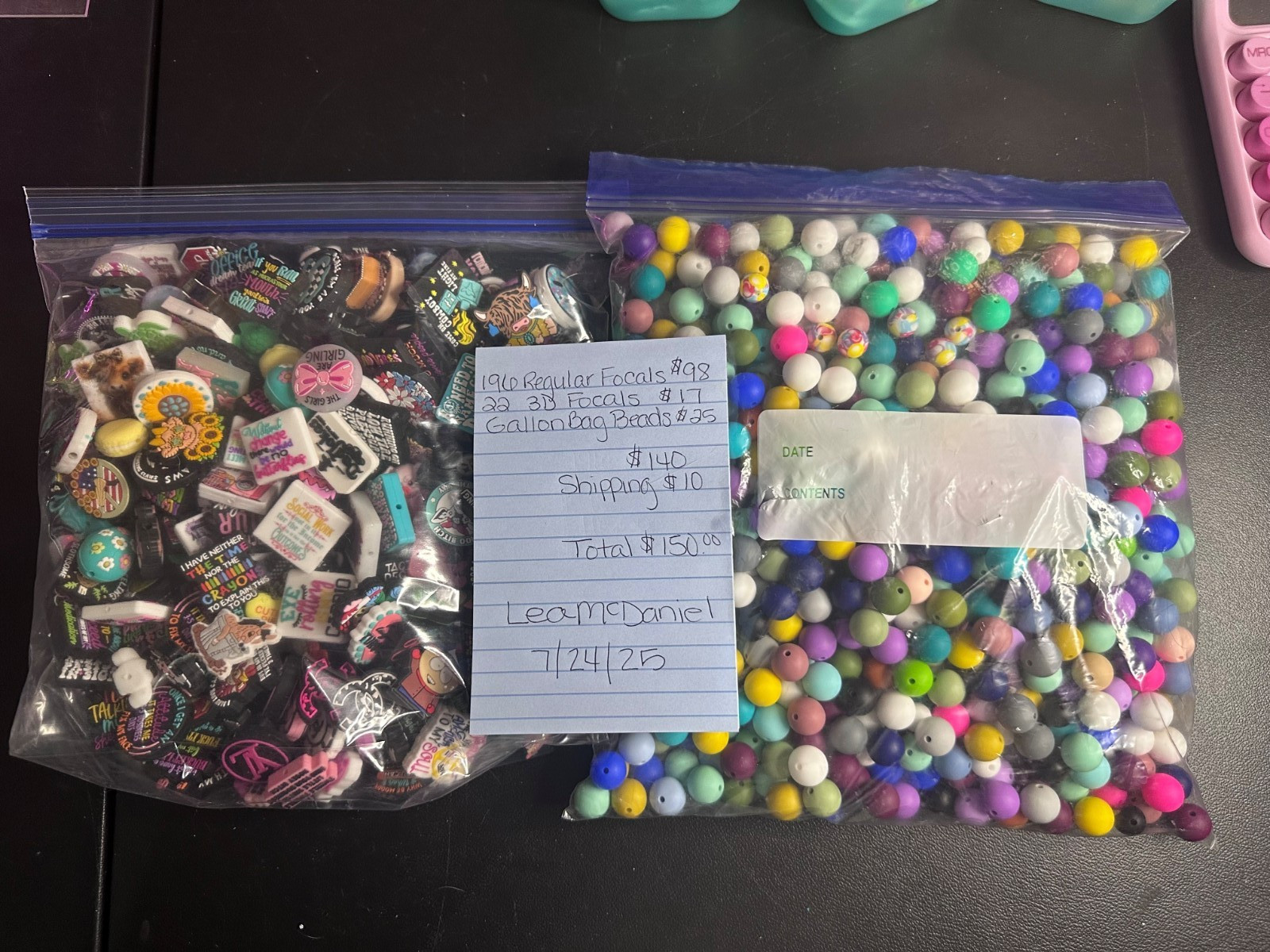 220 silicone focal beads, gallon bag of silicone beads and pen bags