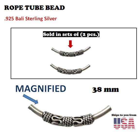 2 Pieces | 925 Sterling Silver | 38 mm Curved Tube | Bali Silver Bead