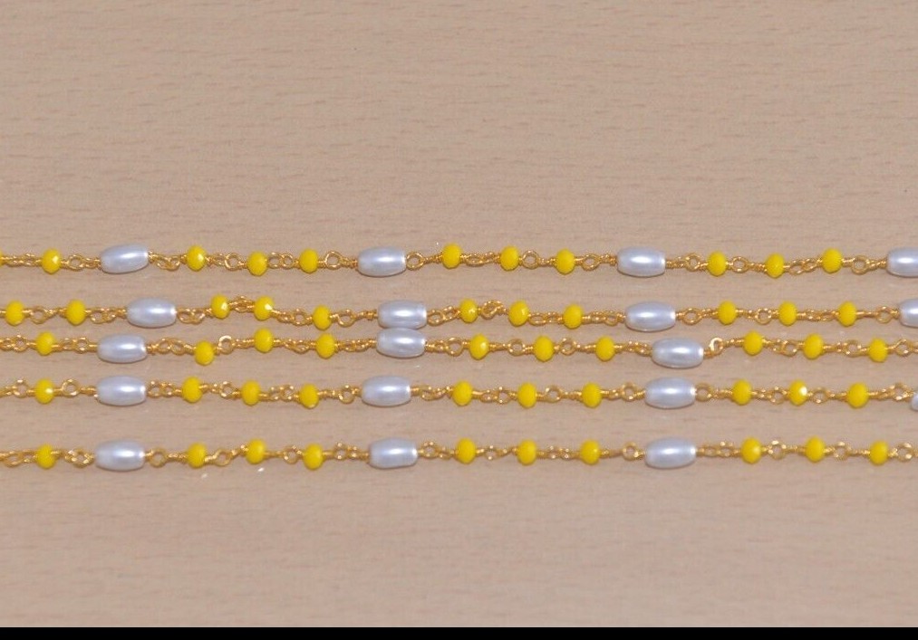 Beaded jewelry making bulk roll chain, 3mm yellow & rice pearl bead rosary chain