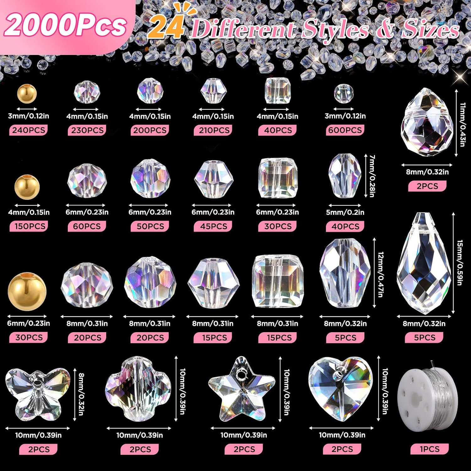 2000+ Pcs Crystal Glass Beads for Jewelry Making, 24 Styles 3-15Mm Assorted Face