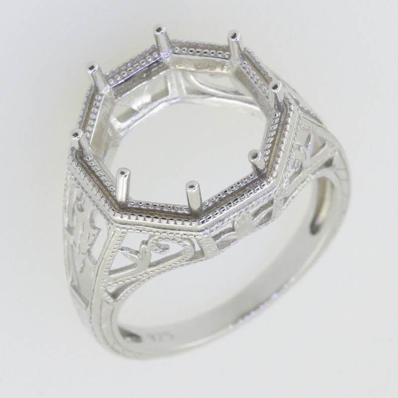 MTO Art Deco Style Sterling Silver Semi Mount Ring Setting Round RD 12x12mm sz4