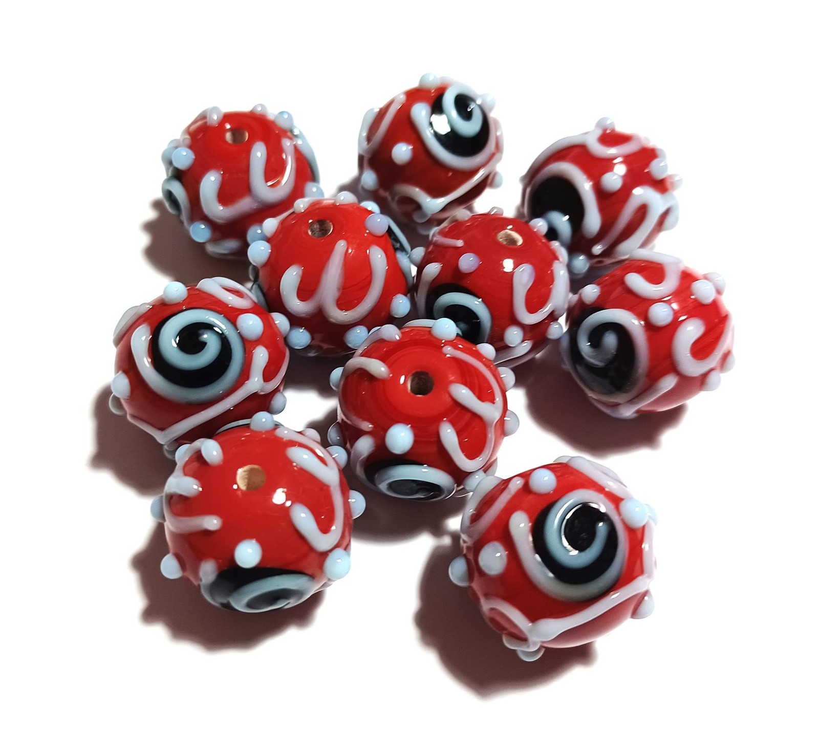 Qty. 10 – 16mm Round Bumpy & Swirly Red, Black & White Lampwork Glass Beads