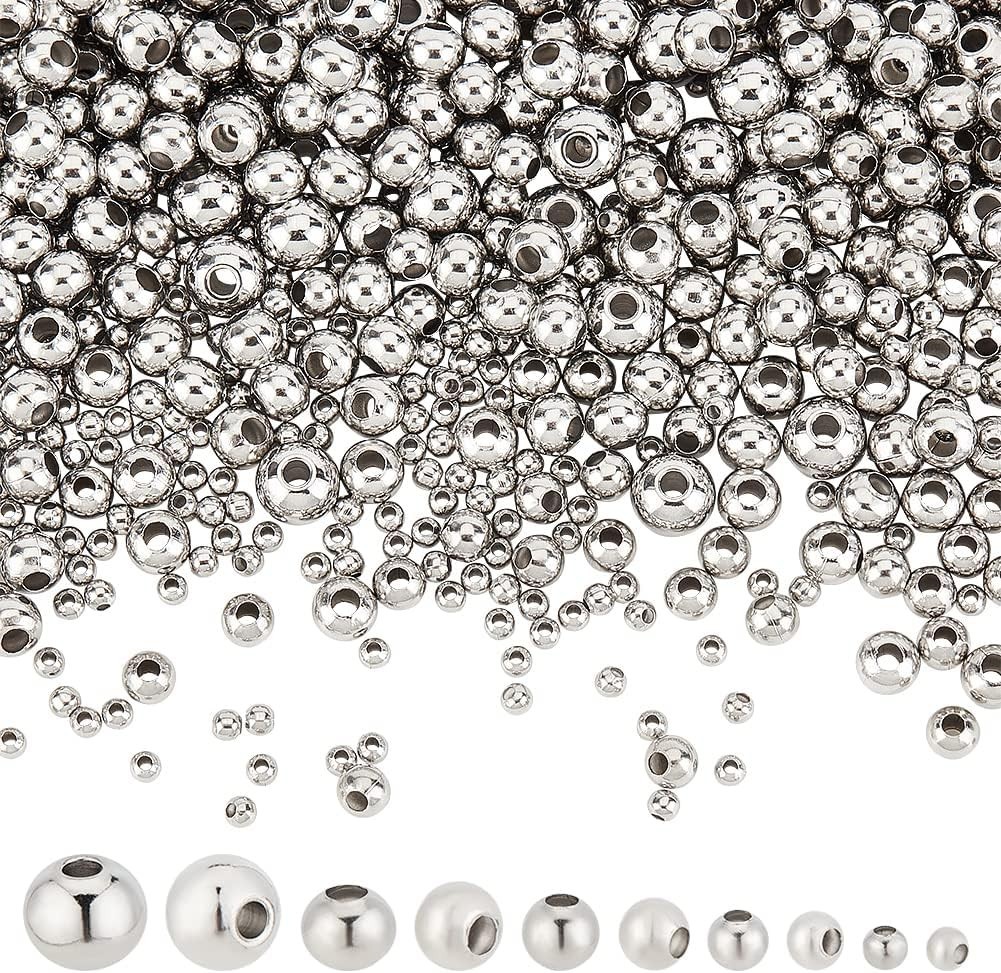 1050 Pcs Stainless Steel Spacer Beads, 5 Sizes , Silver, Round, Beads