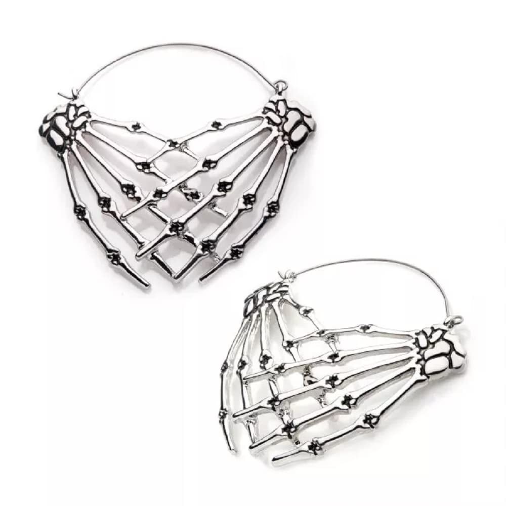 20GA Antiqued Skeleton Crossed Hands Plug Hoop Earrings, Sold as a Pair