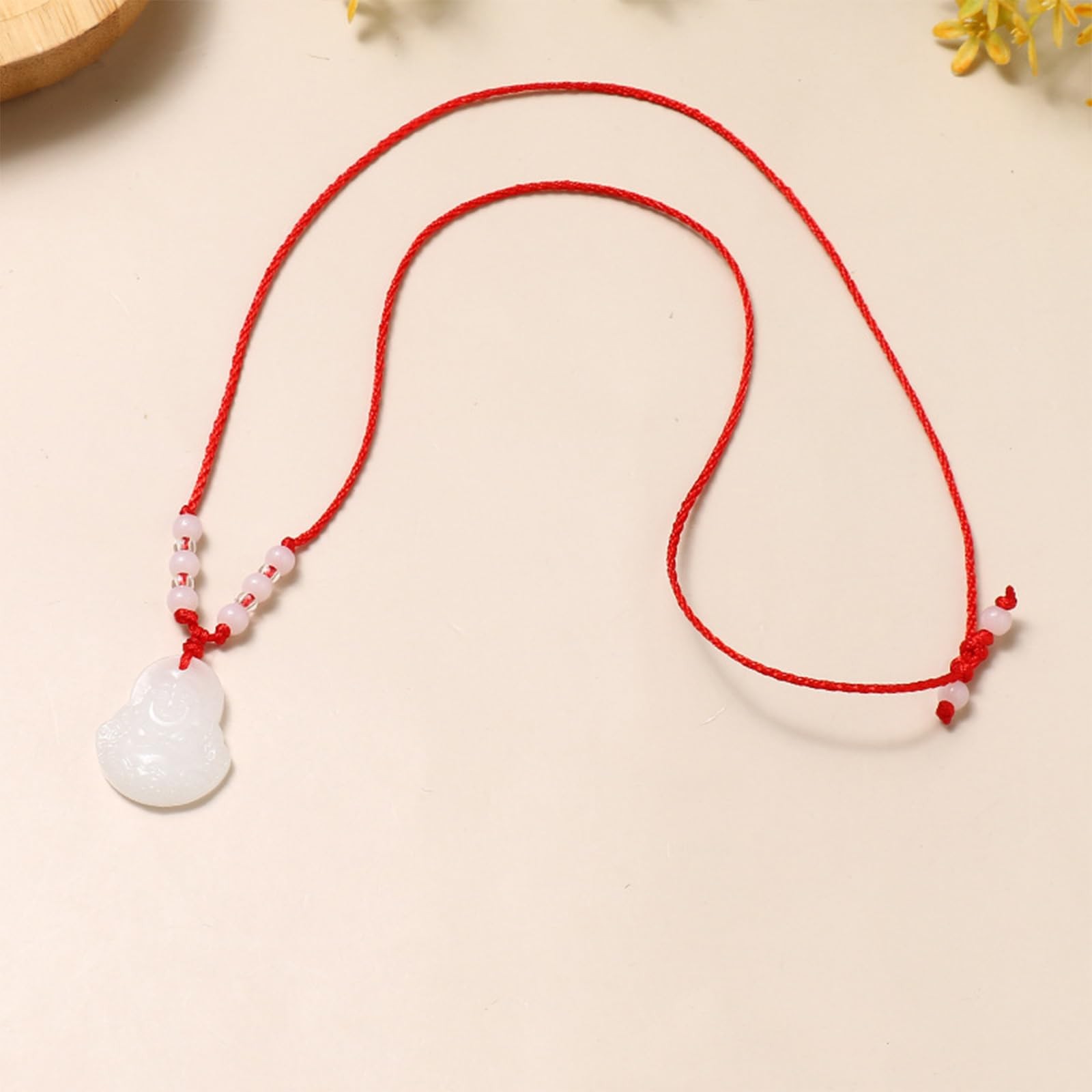 Green Jade Buddha Circle Red String Pendant Necklace – Chinese Traditional – 09