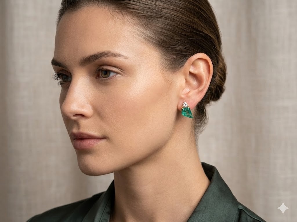 Kite Cut Emerald & Moissanite Earring For women in 925 sterling Silver Jewelry