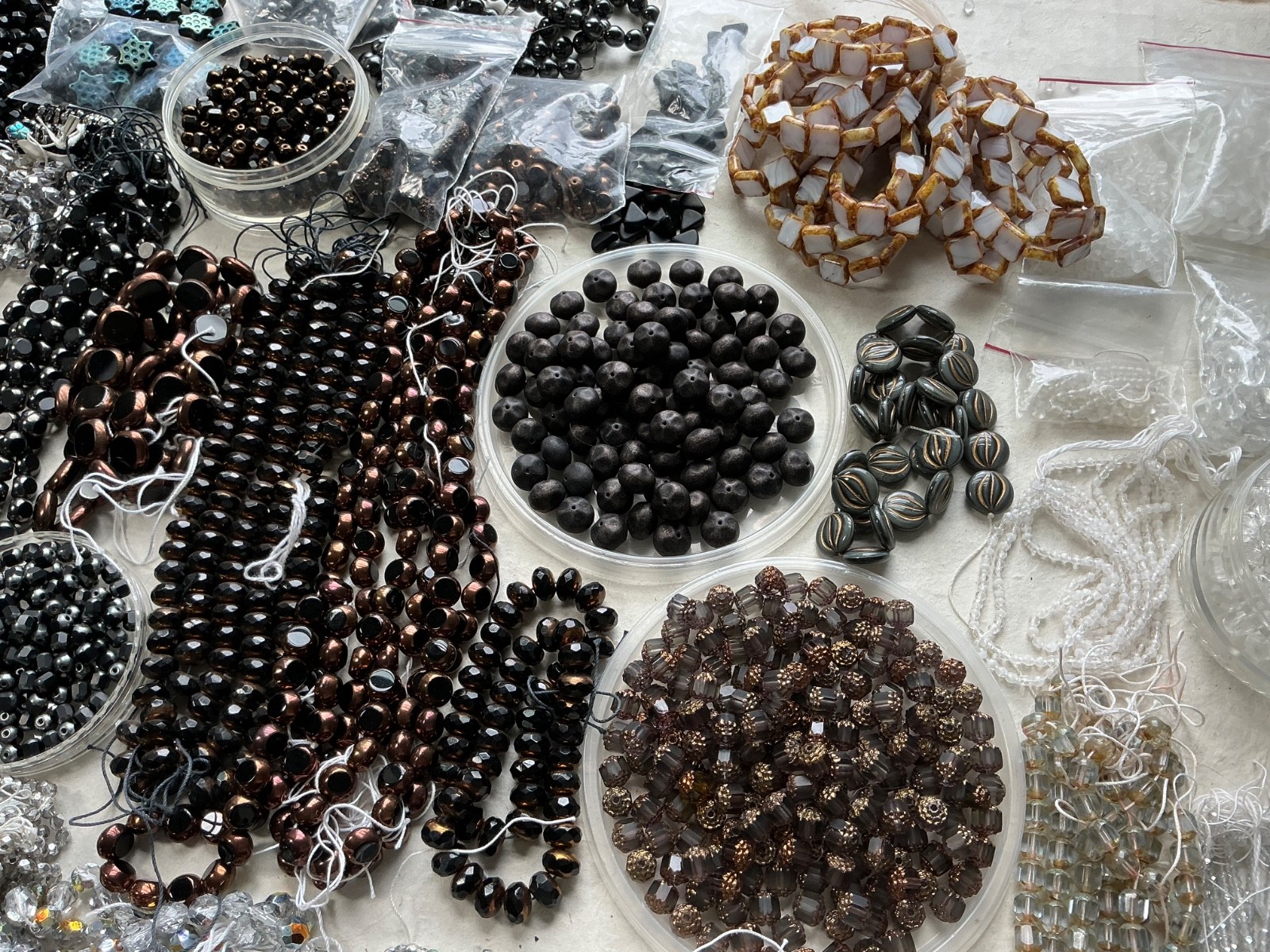 Czech Glass Bead Lot Black Silver Crystal Neutral Faceted Designer Strand Mix