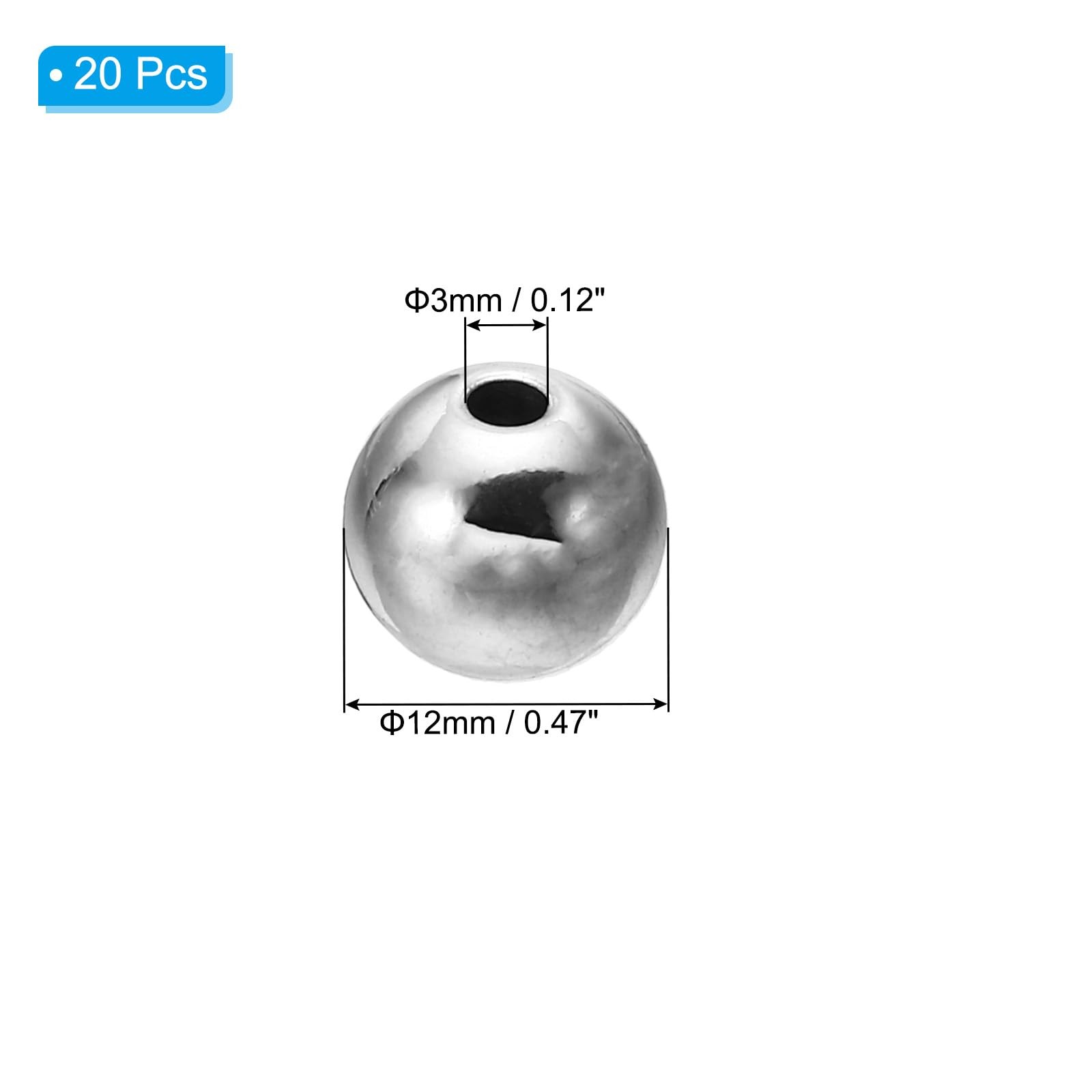 Smooth Round Spacer Beads, 20 Pcs 12mm OD 3mm ID 304 Stainless Steel Loose Ba…