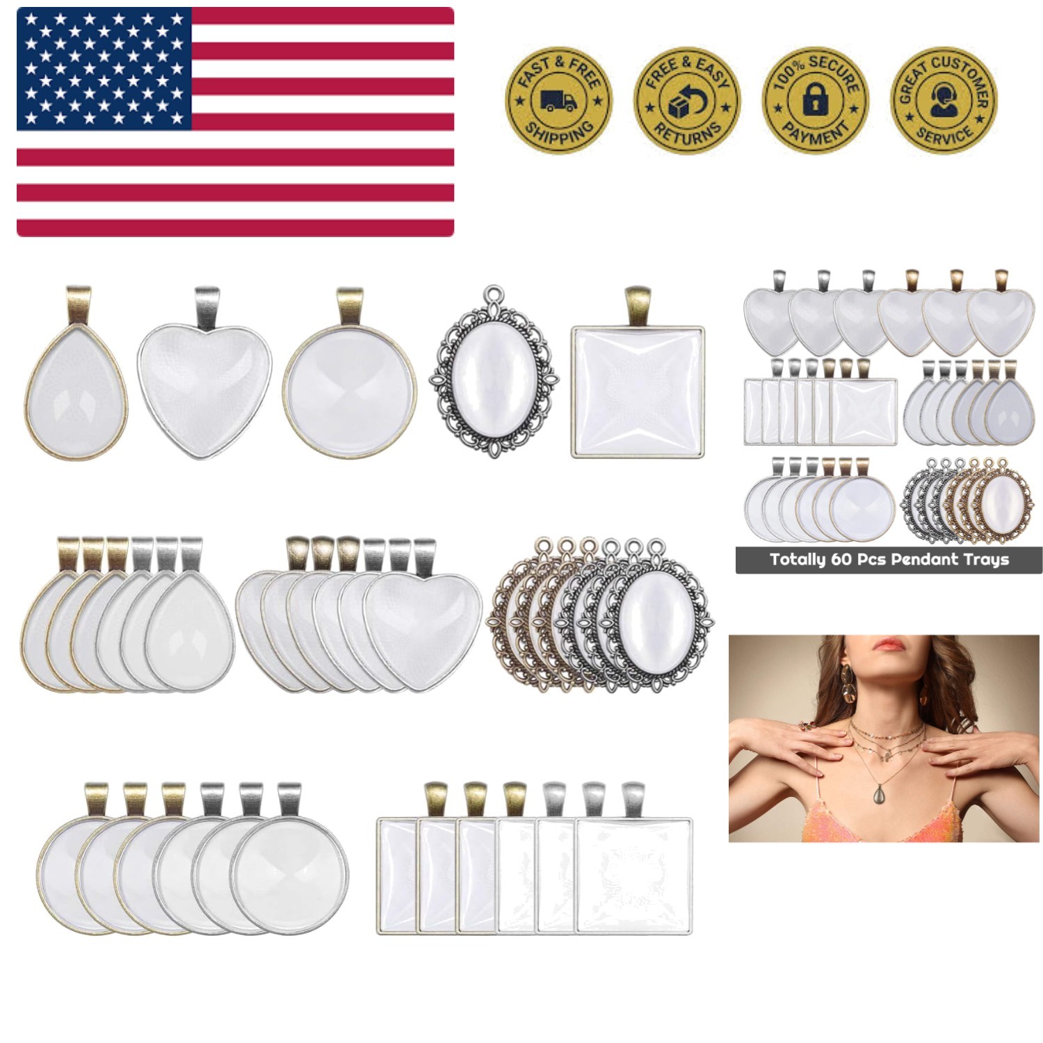 60Pcs Pendant Trays, Bezel Pendant Trays Blanks with Glass Cabochons for Pend…