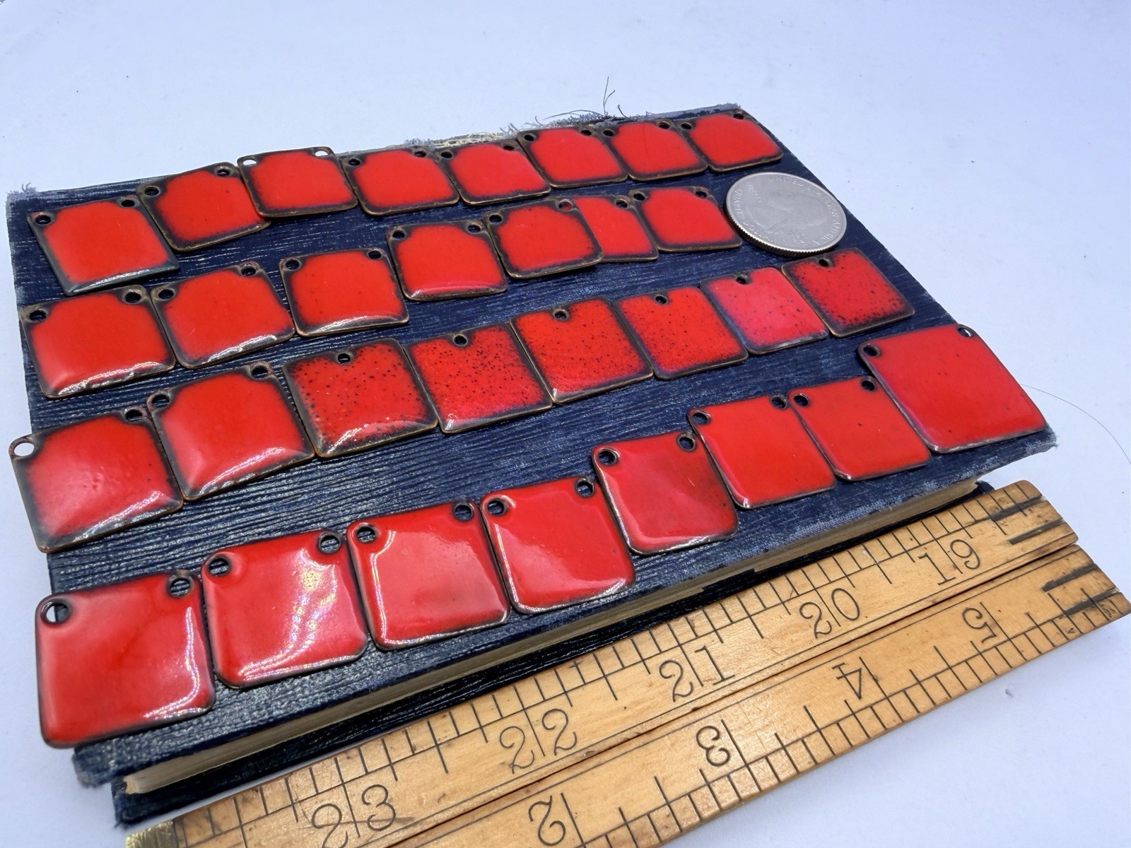 31 Pcs Vintage Square Copper Red Enamel Glossy Handmade Pendants Craft Findings
