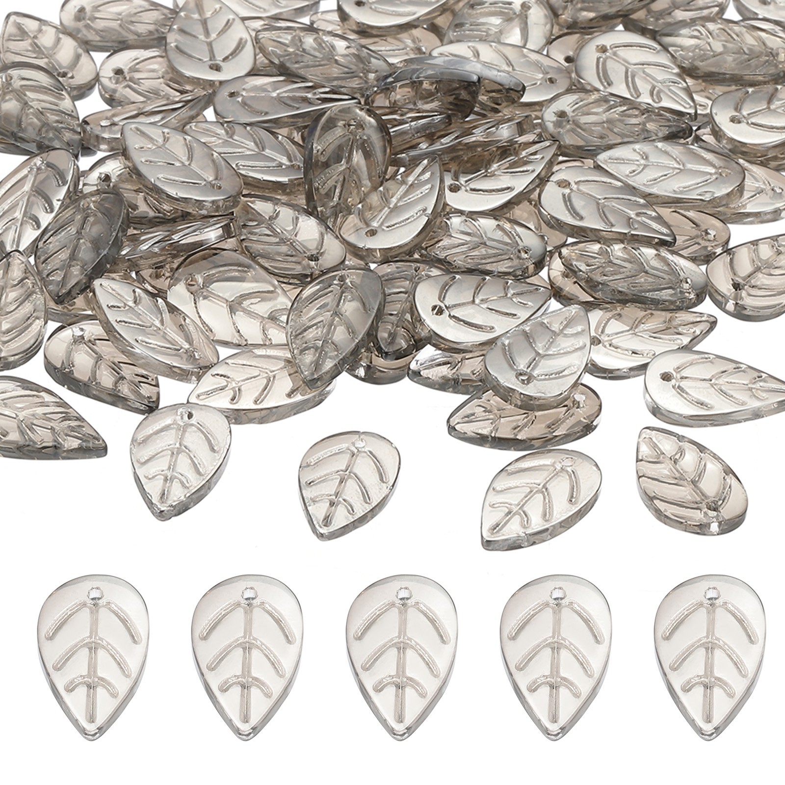 100Pcs Crystal Leaf Beads Translucent Czech Glass Beads, Transparent Gray
