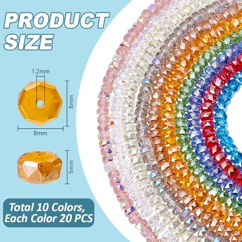 200pcs 10 Colors Faceted Beads, 8x5mm Rondelle AB Color Crystal Glass Flat
