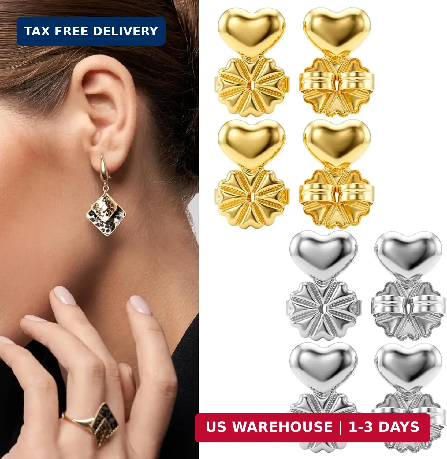 4 Pairs Earring Backs for Droopy Ears, Large Backing Studs | Earring Lifter for
