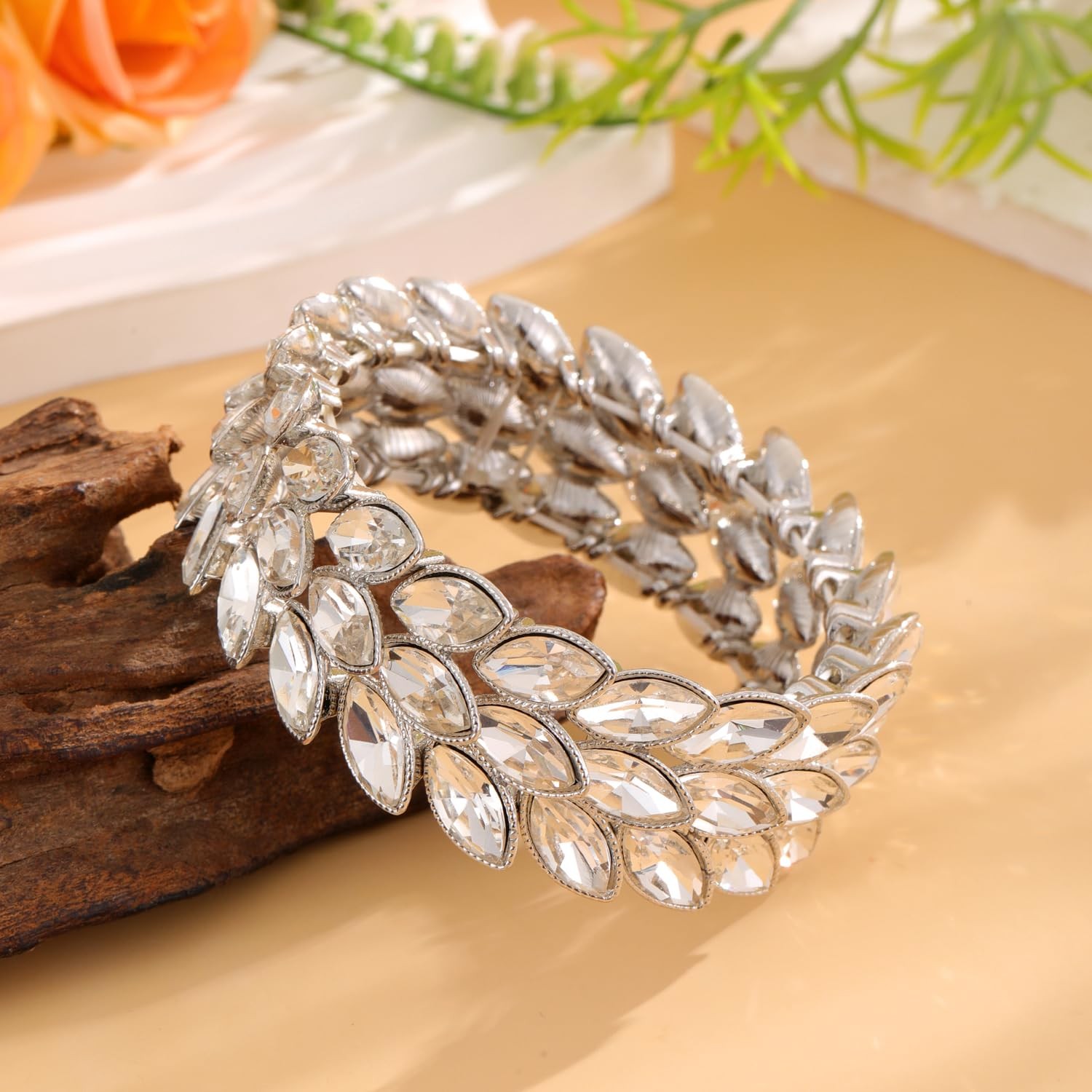 Women Shinny Wide 3 Lines Leaf Stretch Elastic Bangle Bracelets for Party Weddin