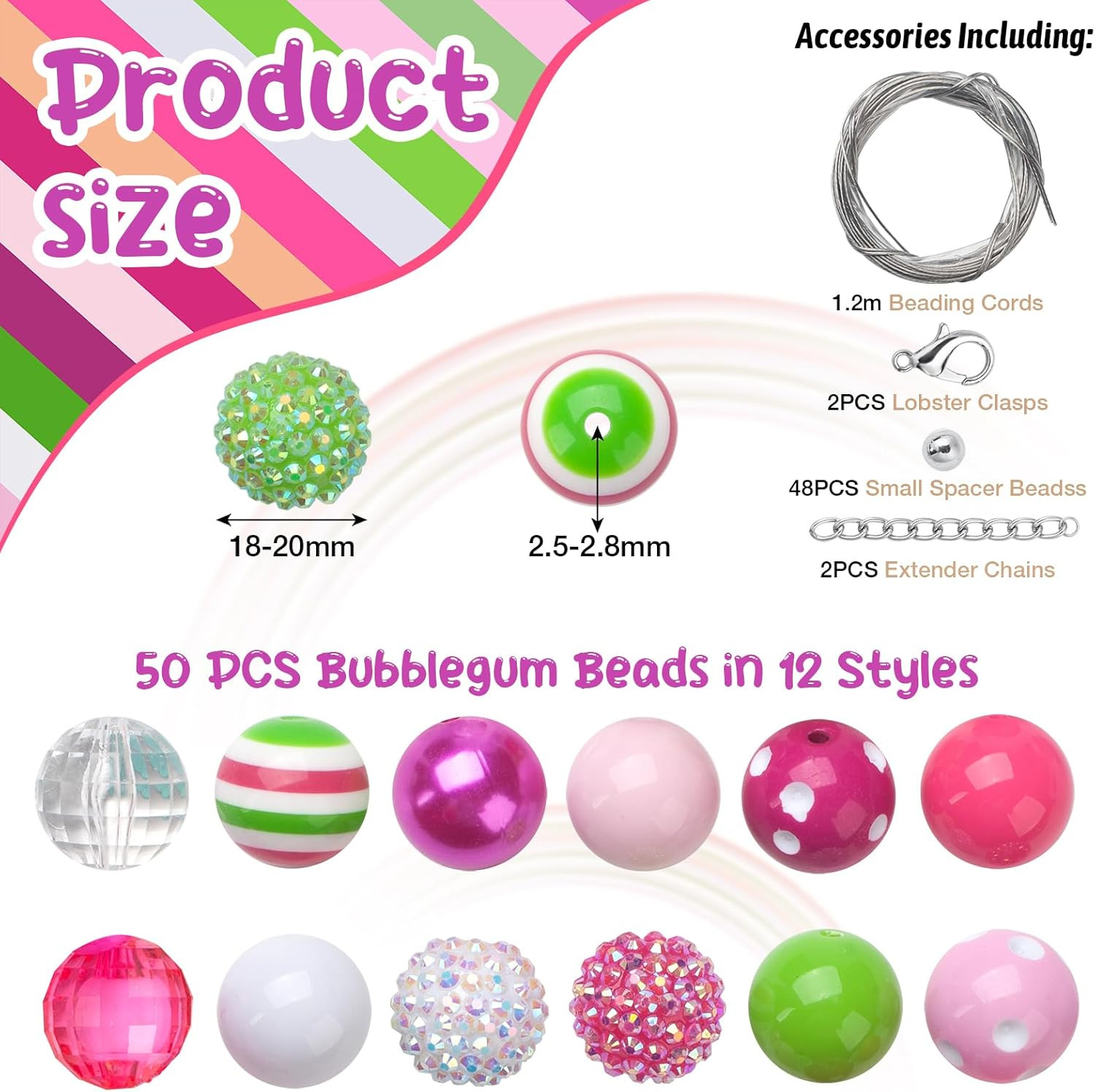 20 mm Bubblegum Beads for Adult Making, 50 PCS Large Beads, Chunk Bubble Gum Bea