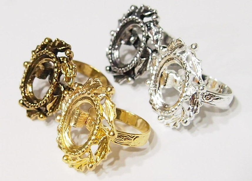 4 Colors of 18x13mm Victorian Art Deco Wreath Leaves Adjustable Ring Settings