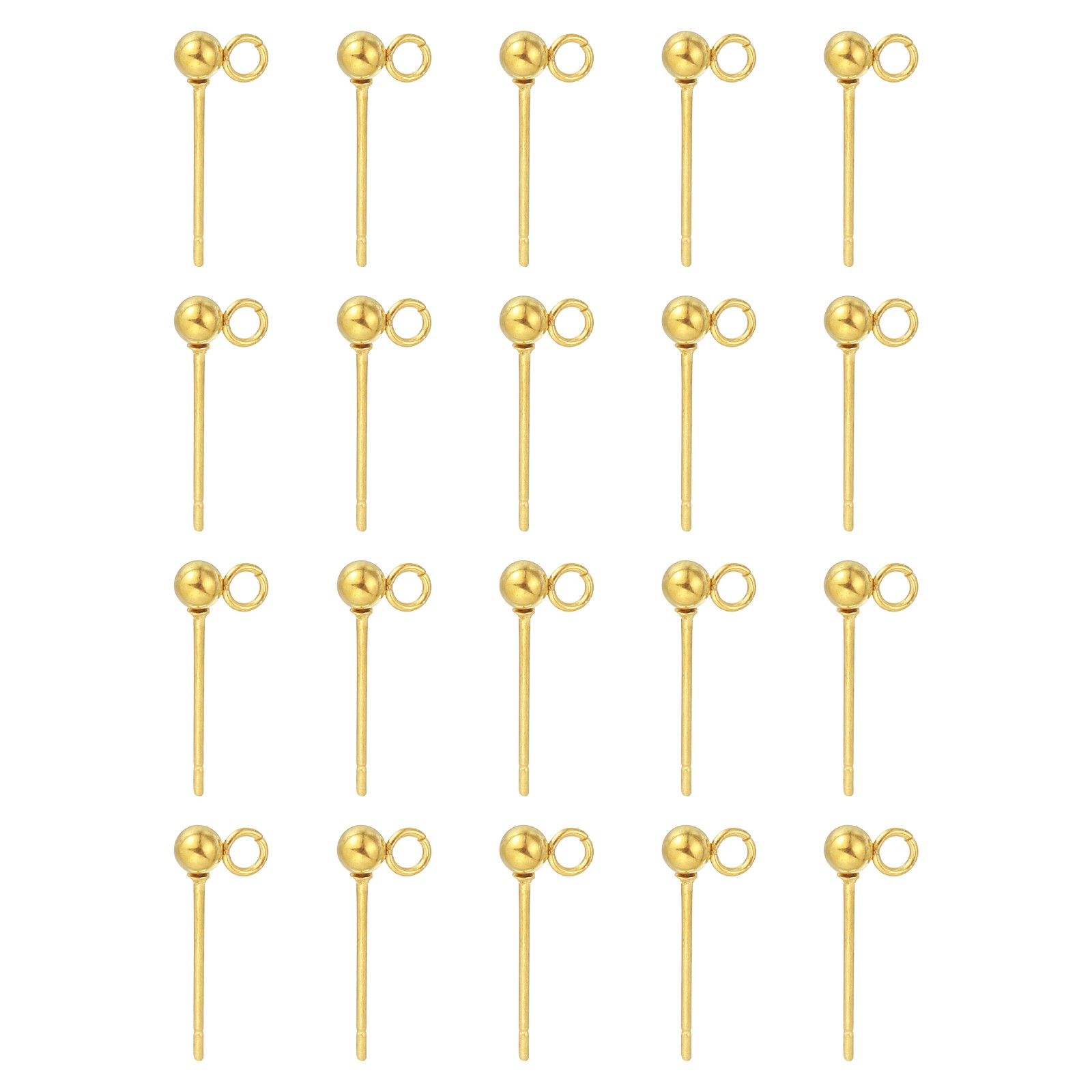 20Pcs Ball Post Stud Earrings, 15x3mm Round Ear Pin with Vertical Loop, Gold