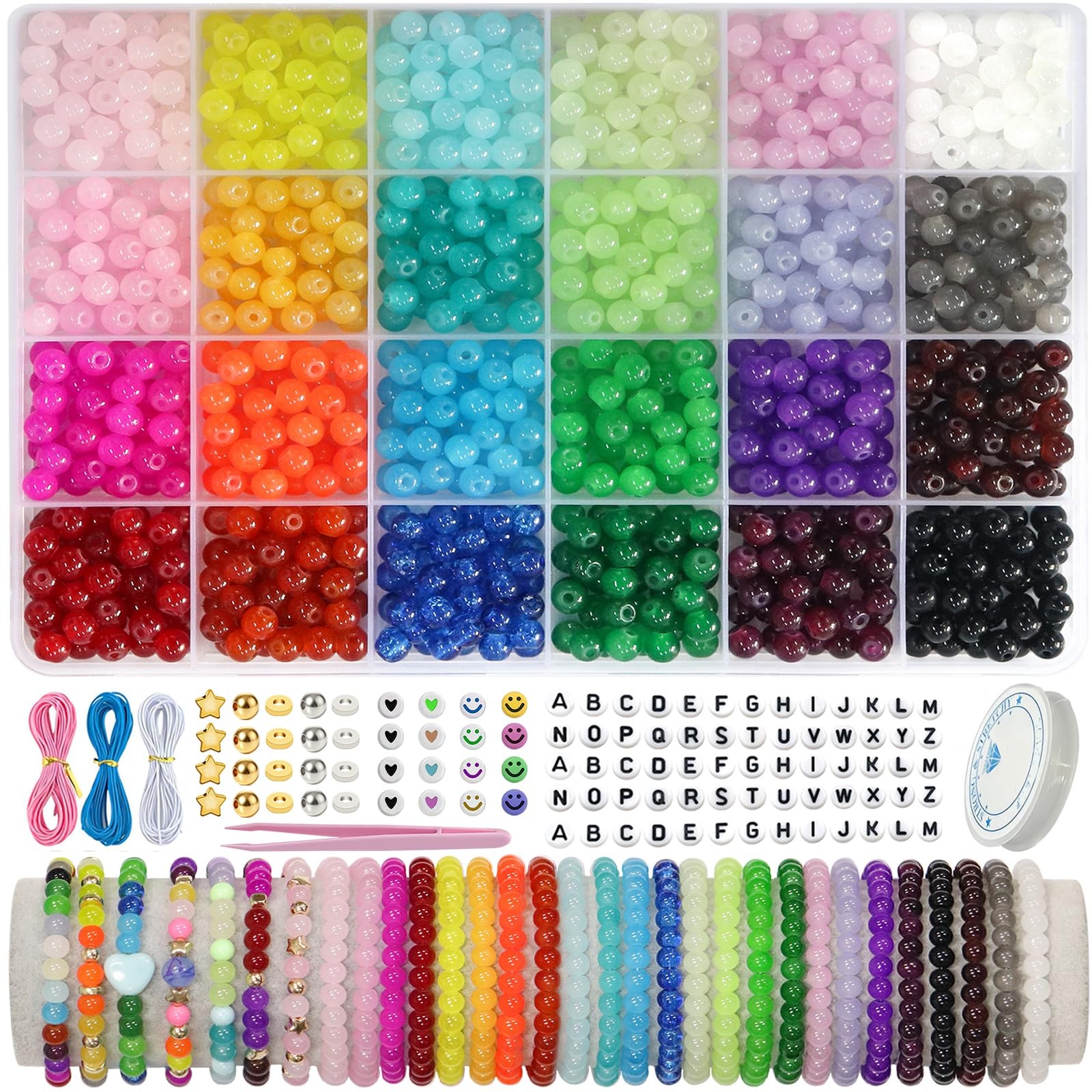 JULIMAIDONG 6mm Glass Beads for Bracelets 1400pcs, 24 6Mm, 6mm, 24Color