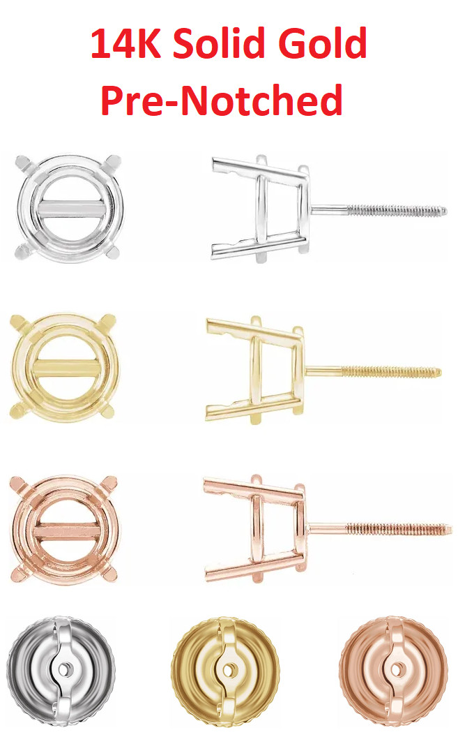 14K Gold Round Pre-Notched Stud Earring Basket Mount Setting Threaded – 1 Piece