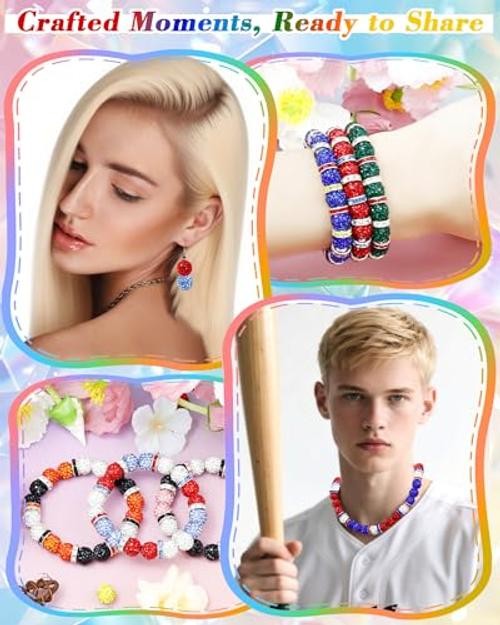 180PCS 10mm Rhinestone Beads for Jewelry Making | Baseball Red, Yellow, Blue