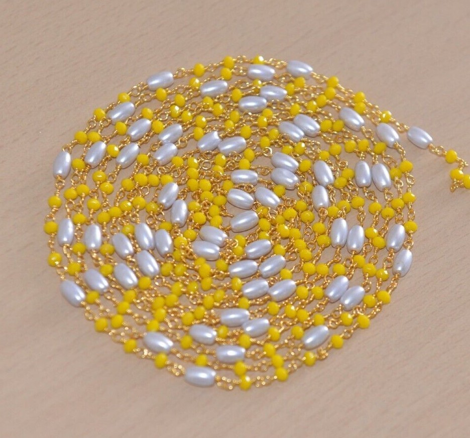 Beaded jewelry making bulk roll chain, 3mm yellow & rice pearl bead rosary chain