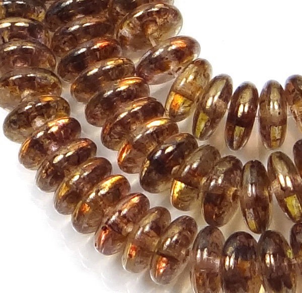50 Czech Glass Rondelle Beads Luster – Transparent Gold / Smoky Topaz 6x2mm