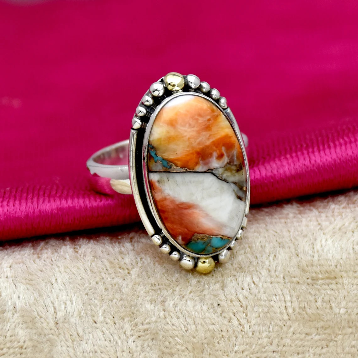 Spiny Oyster Ring 925 Sterling Silver Turquoise Gemstone Ring For Her