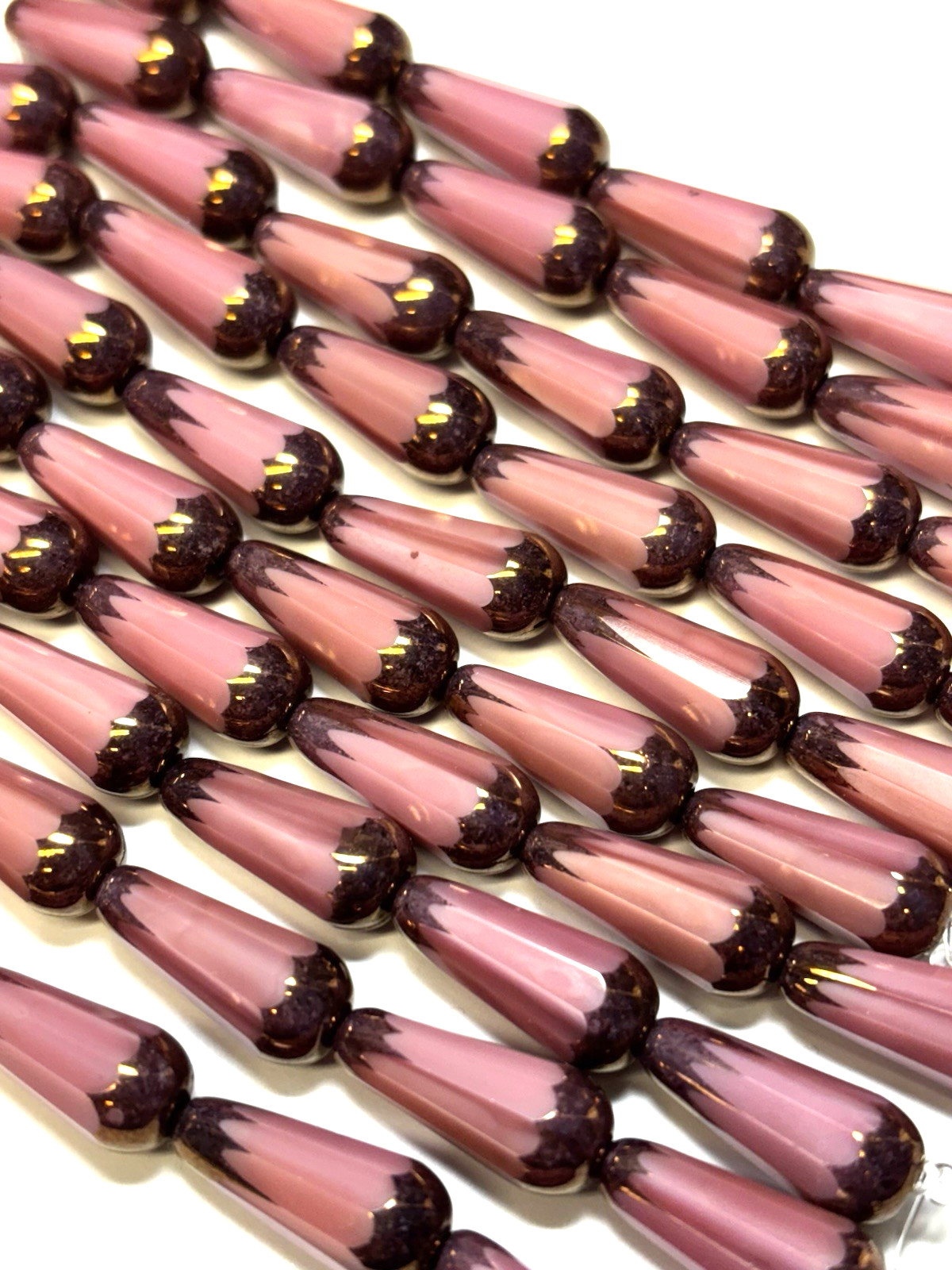 6 Czech Glass Pink Silk w/ Bronze Faceted Teardrop Beads 19x8mm