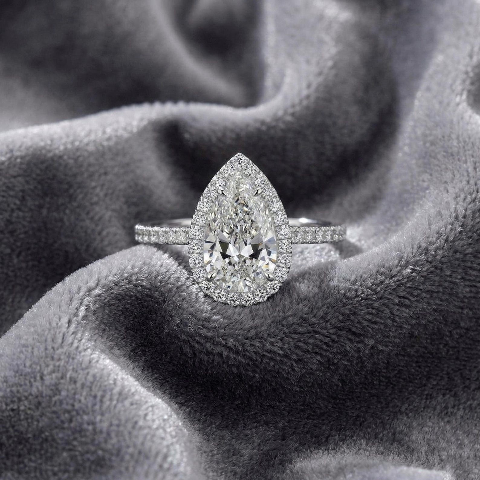 Pear Cut Moissanite Engagement Ring in Pure Silver, Halo Diamond Ring, Teardrop
