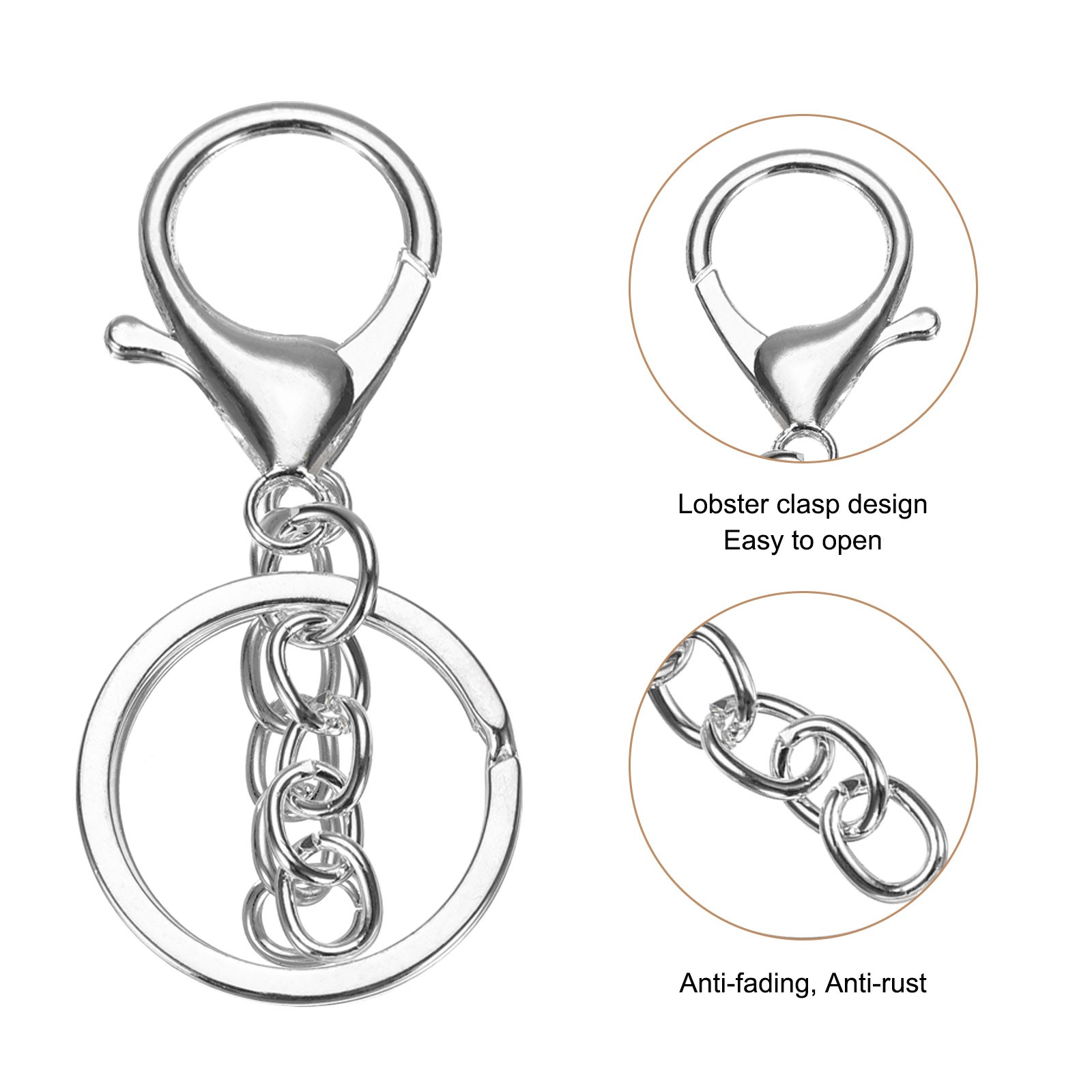 30Pcs Lobster Claw Clasp Keychain with Flat Split Keychain Ring Chain Silver
