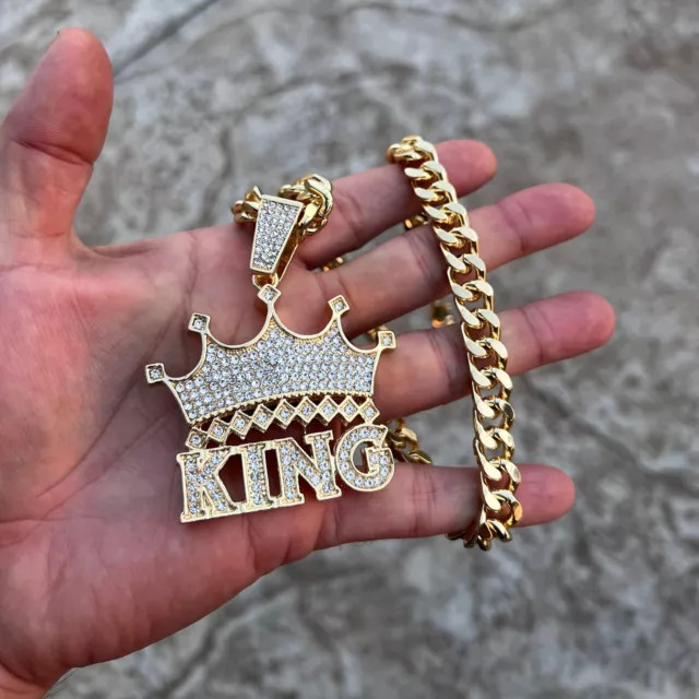 Men’s 925 Silver 14K Yellow Gold Plated Crown King Hip Hop Pendant