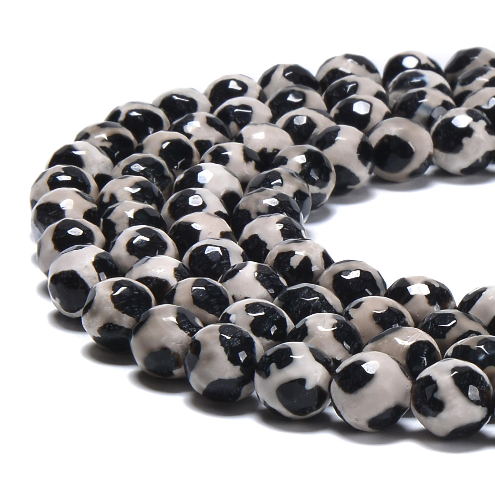 Black & White Tibetan Agate Faceted Round Beads 6mm 8mm 10mm 12mm 14mm 15.5″Strd