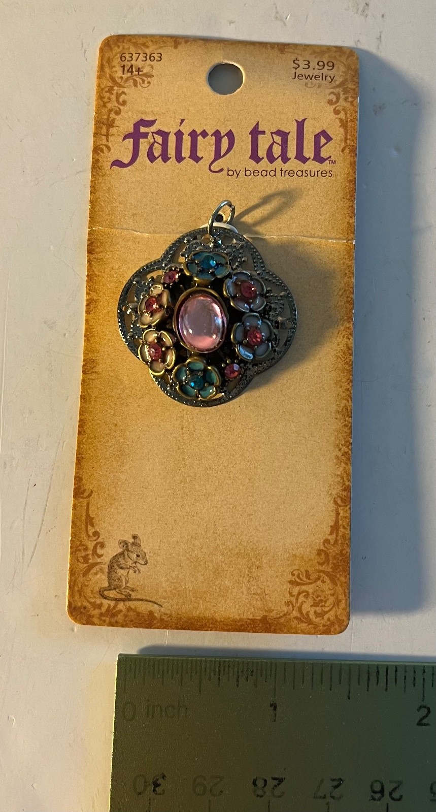 Fairy Tale by Bead Treasures Pendant about 1 1/4″ wide Blue and Pink Flowers