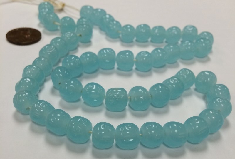 45 VINTAGE JAPANESE CHERRY BRAND GLASS CHALCEDONY BLUE 10mm. BAROQUE BEADS 4602T