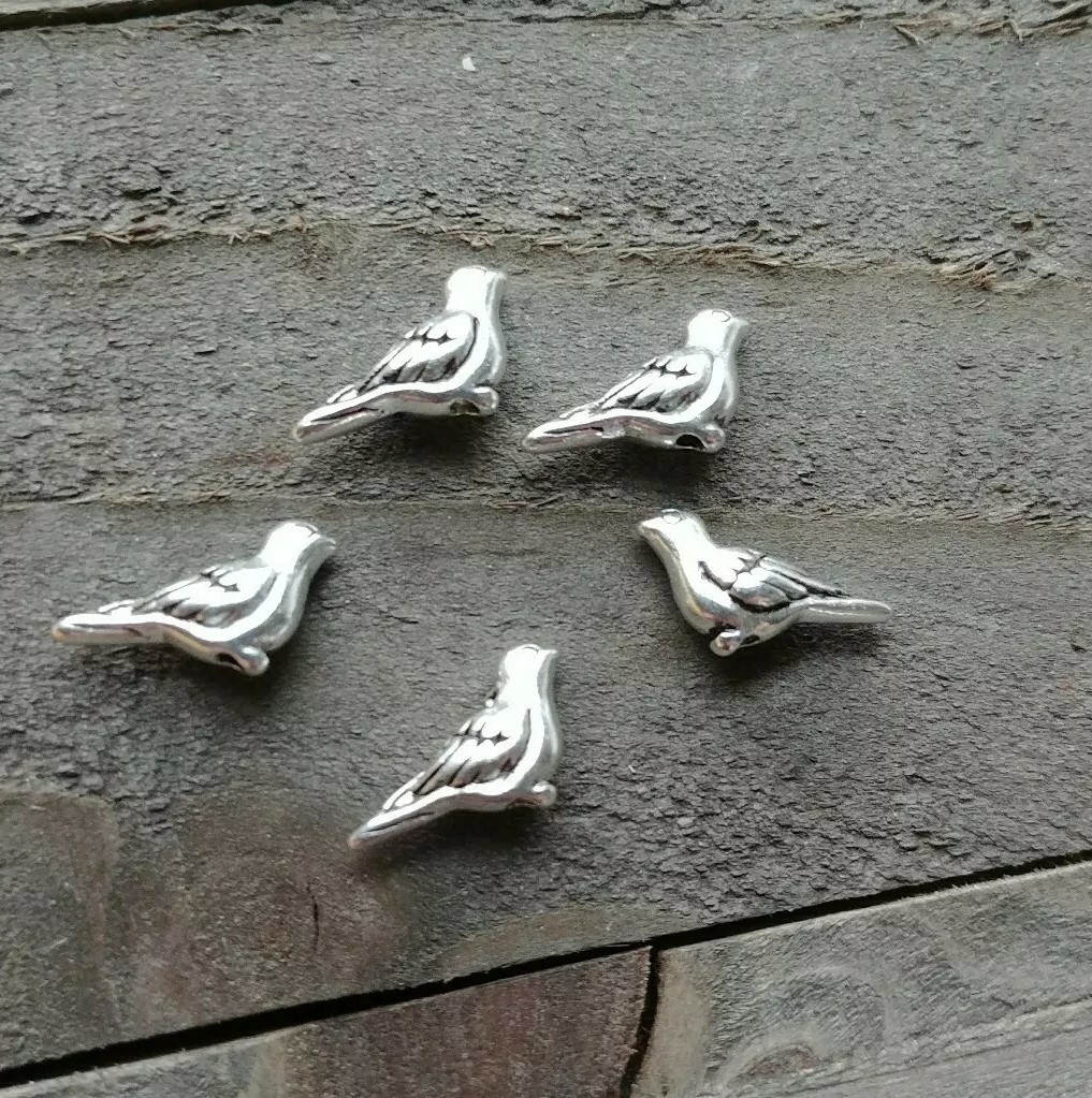 5 Tiny Bird Beads Charms Metal Antiqued Silver 3D 2 Sided Aviary Findings 14mm