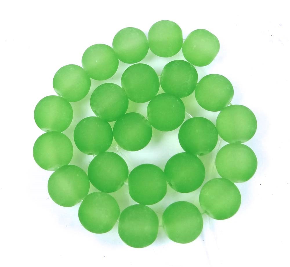 25 Frosted Sea Glass Round / Rocaille Beads Matte – Peridot Green 10mm