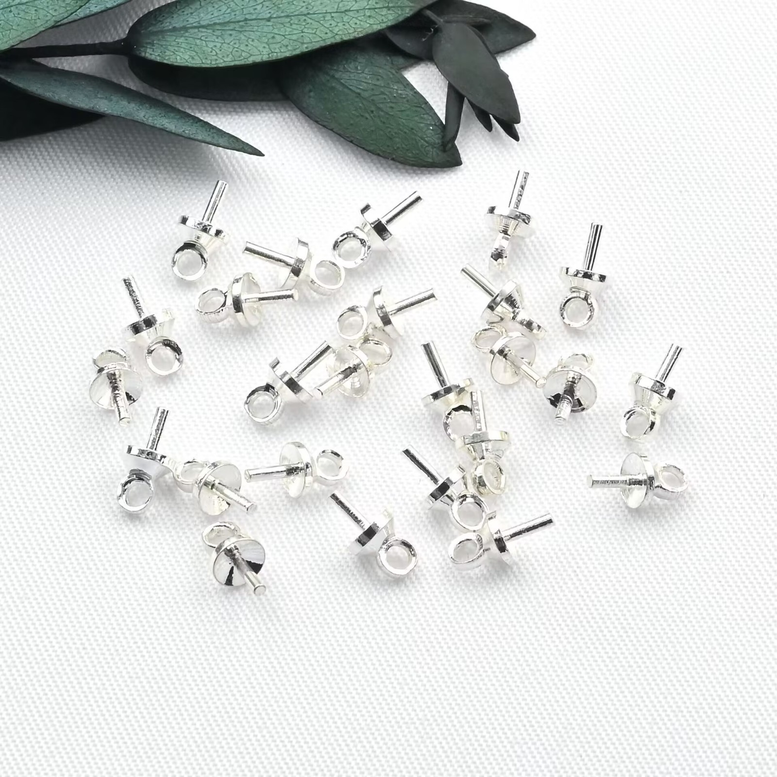 100 Silver Tone Eye Pin Pendant Connector Bail For Half-Drilled Pearl with 3mm